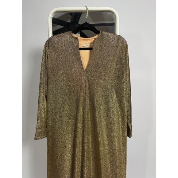 1970s Halston Metallic Gold Lurex Caftan Dress - Picture 2 of 9